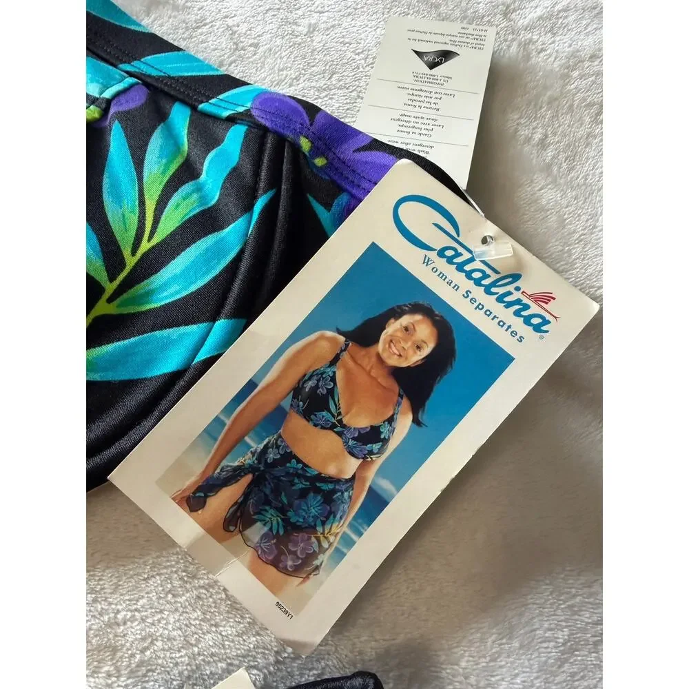 VTG NWT Catalina Floral Bikini Set Black Blue Tropical High Waist Size M/1X (XL)